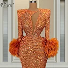 Вечернее платье-русалка, модель роскошные наряды с длинным рукавом года, с глубоким V-образным вырезом, украшенное бисером и перьями, на заказ, Сексуальные вечерние платья