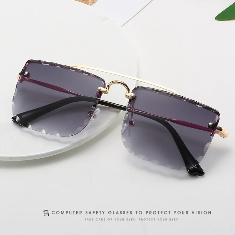 

Ladies Sunglasses Fashion Big Square Rimless Sunglasses Luxury Diamond Cutting Lens Candy Colorful Gradient Glasses UV400