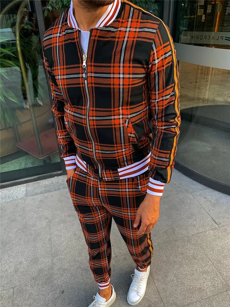 

Men's 3D Plaid Sports Men's Suit Jacket Men's Sportswear Street Style Fashion Trend Fashion Stand Collar Zipper Sportswear Suit