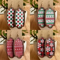 red santa ride christmas tree print vegan leather wood frame oval earrings for women brand designer jewelry free shipping