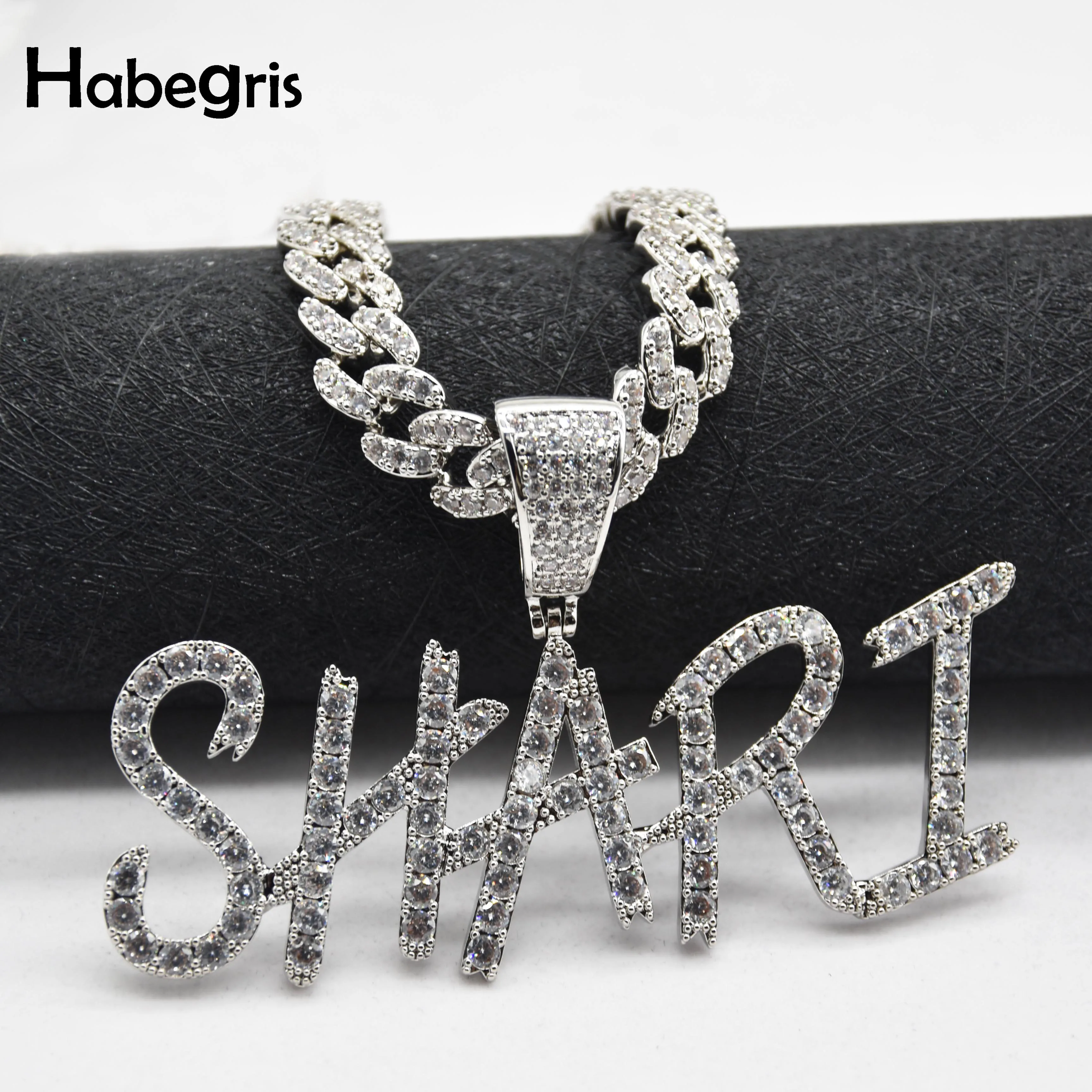 

New Hiphop Custom Name Cursive Letter Necklaces & Pendant Full Iced Cubic Zirconia Jewelry Chain With 10mm Cuban Chain