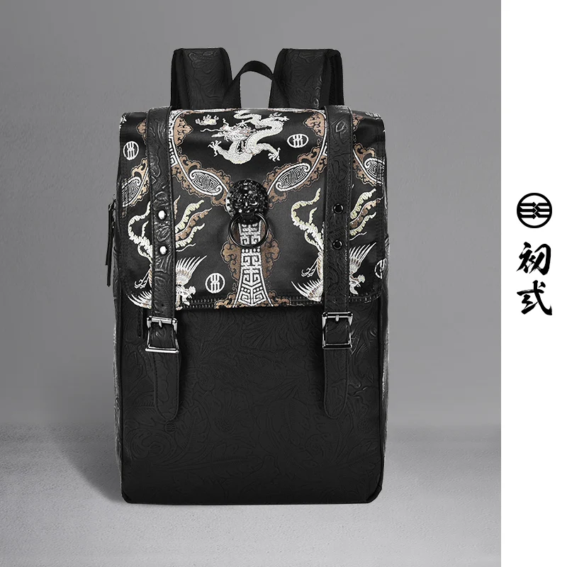 Chinese Style Famous Brand Vintage Backpack Men Embroidery Dragon Luxury Travel Laptop Bag Metal lion head decoration
