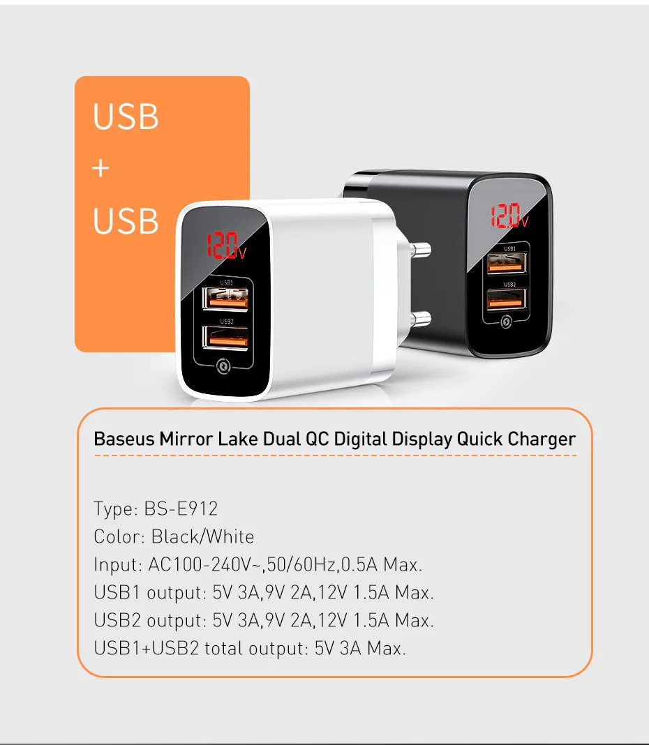 Baseus 18 Вт USB зарядное устройство QC3.0 цифровой дисплей EU настенное зарядное устройство USB зарядное устройство для телефона для iPhone XS huawei Mate10 samsung S10 EU вилка