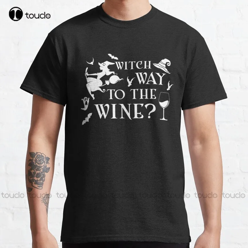 

Witch Way To The Wine Halloween Wine Lover Drinking Alcohol Classic T-Shirt Christian Tshirts Women Custom Aldult Teen Unisex