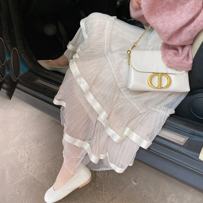 

Limiguyue 82cm Tulle Long Skirts Women Sweet Inlaid Layered Ruffle Mesh Fairy Pleated Skirt Casual High Waisted Faldas K3851