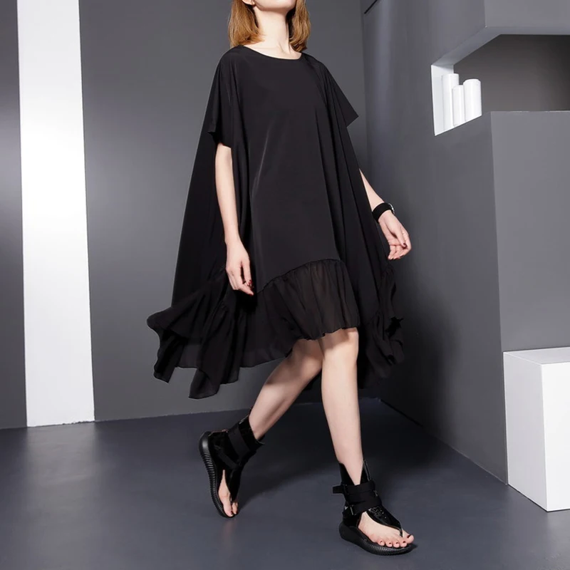 [EAM] new summer autumn round neck short sleeve solid color black split joint loose big size dress women fashion tide 446