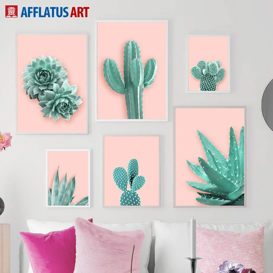 Настенная картина с розовыми кактусами алоэ растениями листьями настенная