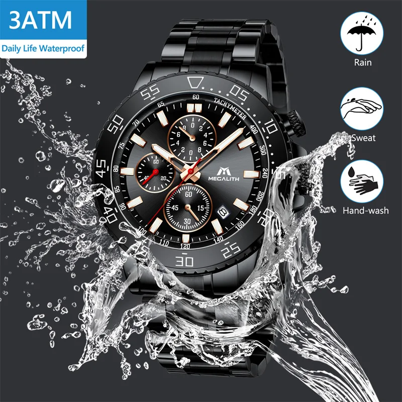 MEGALITH мужские часы Топ бренд водонепроницаемые спортивные из нержавеющей стали
