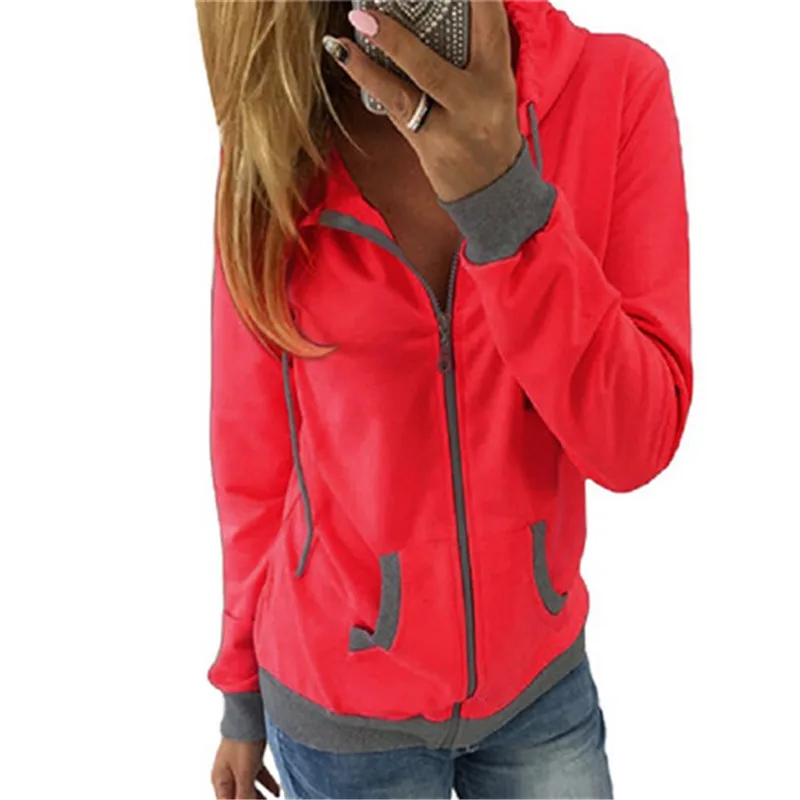 

Women's Spring Winter Hoodies Long Sleeve Patchwork Colors Sweatshirts Casual Pockets Zipper Hooded Ladies Outerwear Clothing
