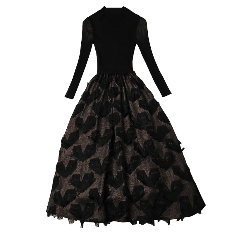 Длинное женское платье новинка сетчатый пуловер весеннее пэтчворк перо кисточка