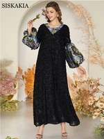 siskakia black lace maxi dress for women summer 2021 fashion patchwork lantern long sleeve loose muslim arabic clothes