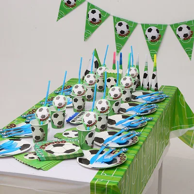 

Soccer Football Theme Kids Birthday Party Decoration Set Cup Plate Banner Hat Straw Loot bag Tablecloth Blowout Party Supplies