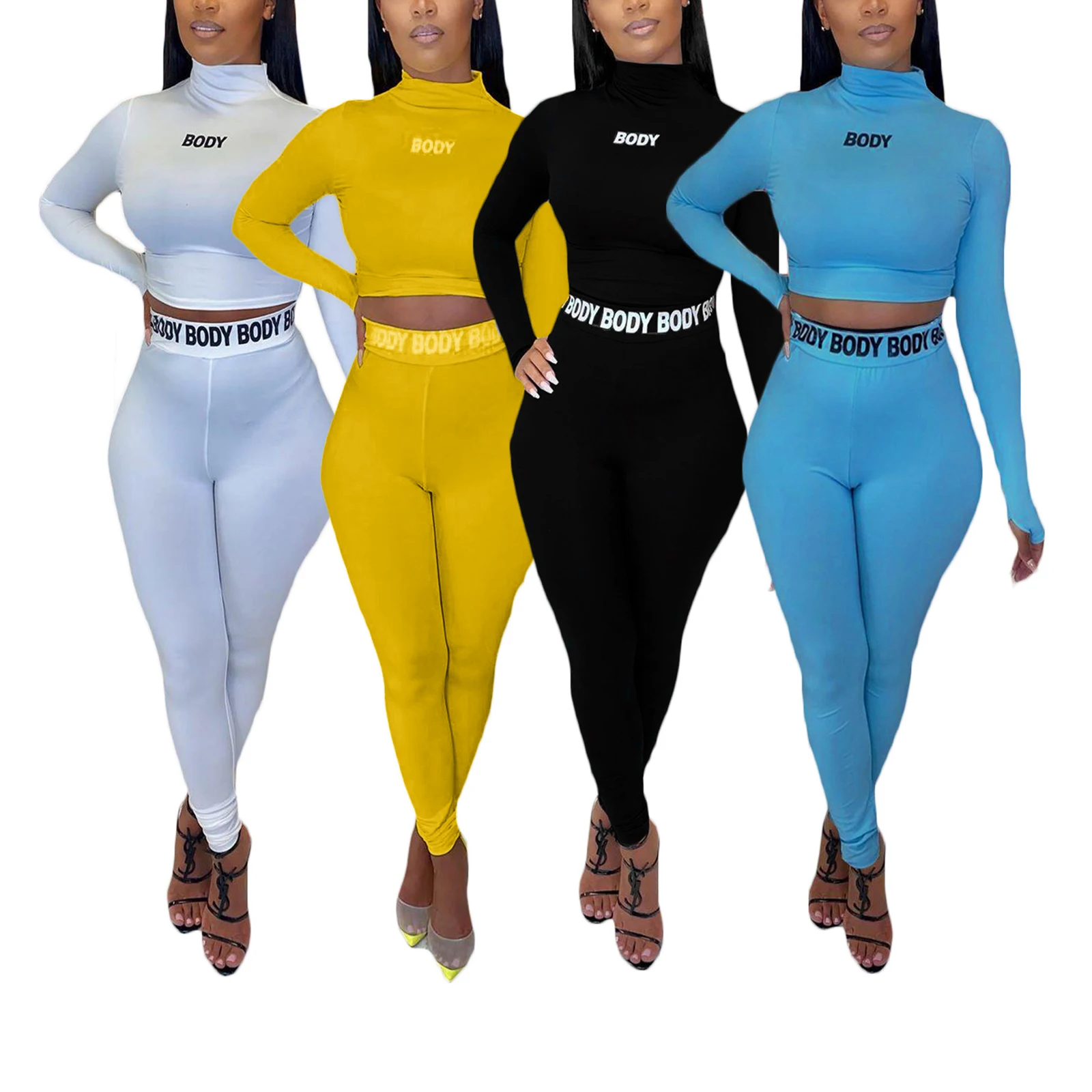 

2-Pcs Для женщин спортивная одежда с длинными рукавами с буквенным принтом, с эластичной резинкой, с высоким воротником, топ облегающие длинны...