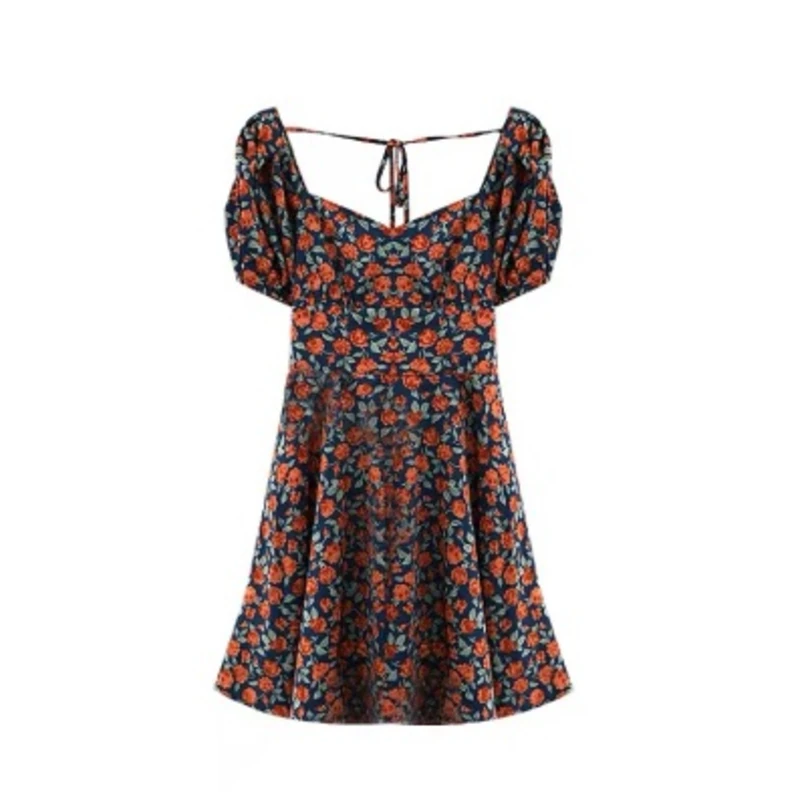 

Summer Vintage Women's Strappy Dress 2021 Sundresses Robe Short-Sleeved Floral Beach Dress Korean Clothing