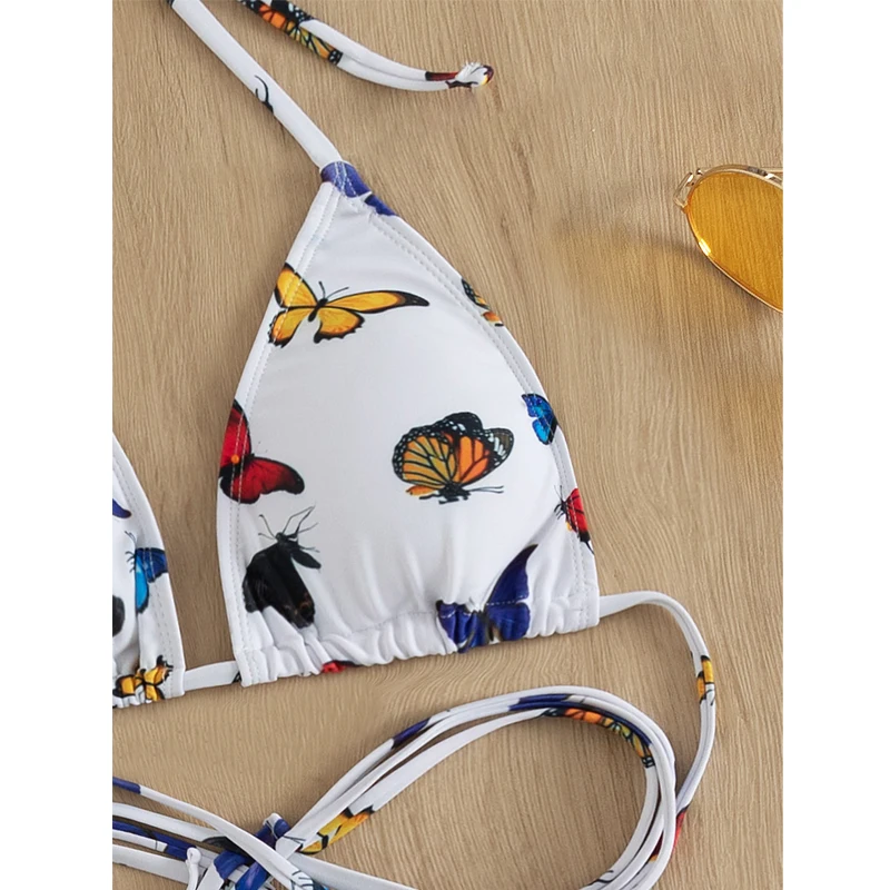 

Butterfly Print Swimwear High Waisted Halter Bikini 3 Piece Swimsuit Beachwear Summer Bathing Suit Female Bandage Swimsuit 2022