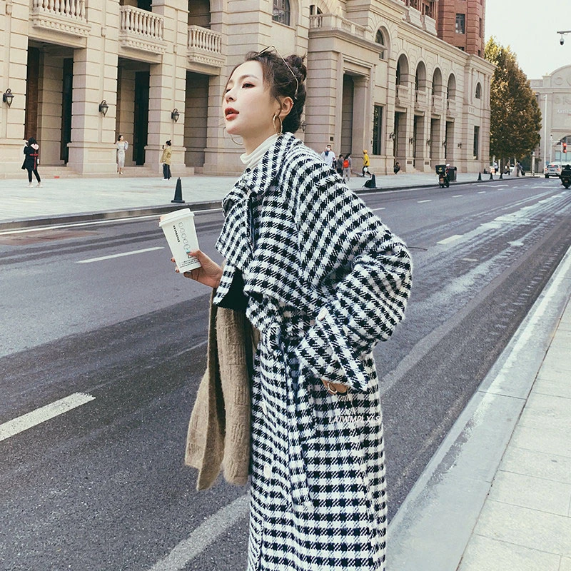 

Plaid woolen coat women's middle long winter 2021 new Korean loose thickened temperament woolen coat