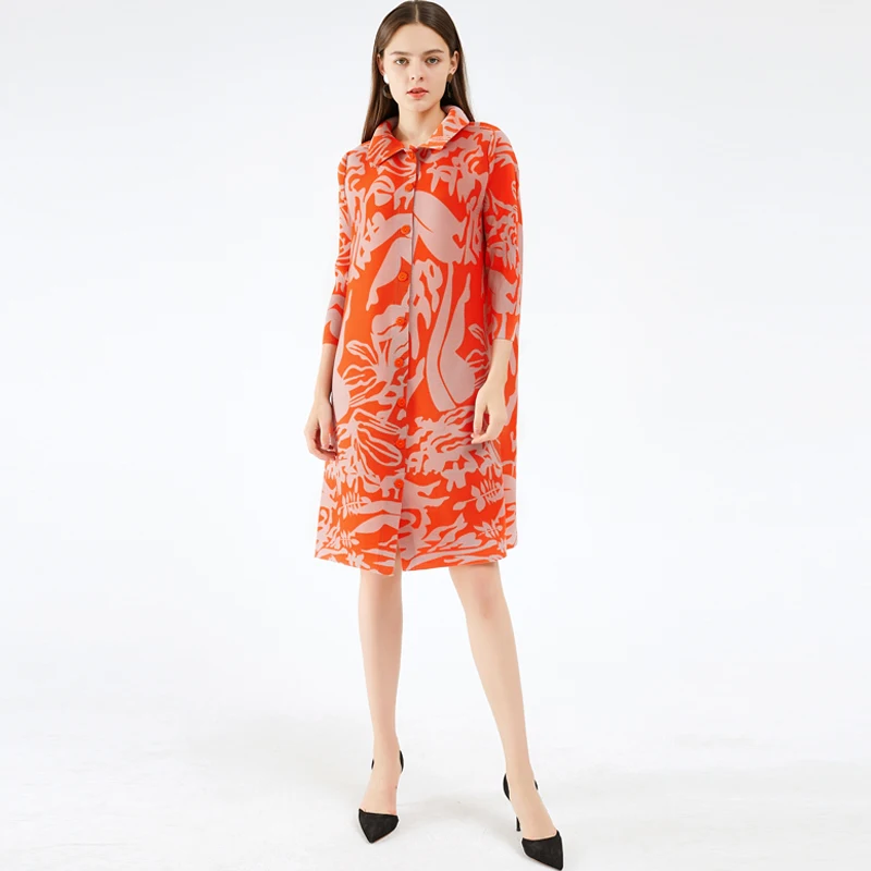 

Miyake pleated abstract print dress lapel cardigan button dress loose long sleeve plus size long dress