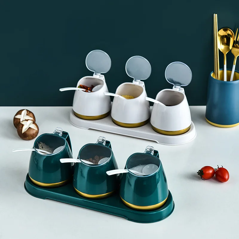 

Nordic Style Seasoning Tank Household With Spoon With Tray Salt Shaker Kitchen Seasoning Box Set Cooking Tool Accessories