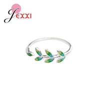 new flesh style 925 sterling silver enamel green color leave finger open rings for women girls adjustable jewelry gift