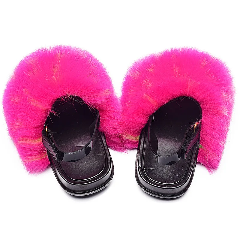 

Summer Children Faux Fur Slippers Kids Fur Slides With Strap Fluffy Fox Fur Flat Elastic Baby Furry Sandals Cute Faux Fur Shoes