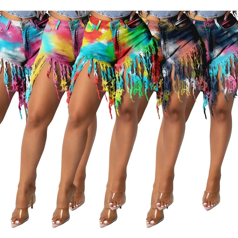 

Rainbow Tie Dyeing Print Summer Biker Denim Short Women Fashion Tassels Patchwork Shorts Streetwear High Wasit Beach Jean Pants