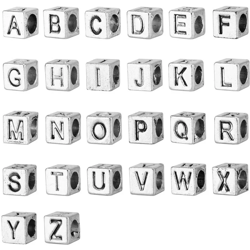 

52pcs Alphabet Letter Beads Cube Set for Jewelry Making Assorted Zinc Alloy Tibetan DIY Bracelets Key Chain Handmade Gift
