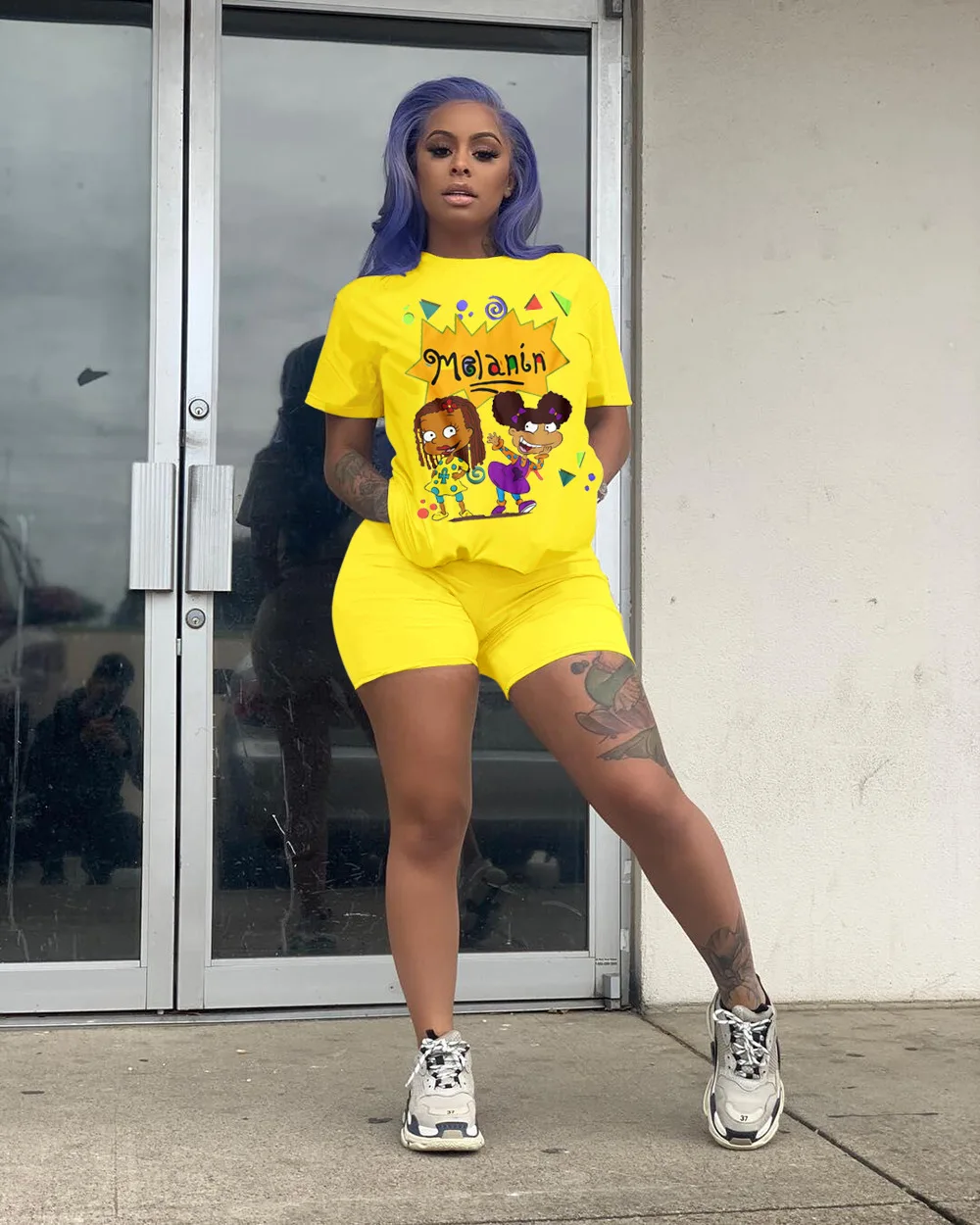 Fitness Biker Shorts Set Lounge Tracksuit Women Summer Clothes T Shirt Two Piece Cartoon Print Jogging Femme 2020 |