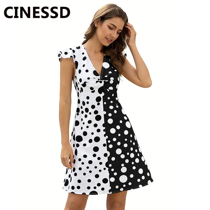 

CINESSD Polka Dot Hit Color Women Casual Dress V Neck Short Sleeves Black White Patchwork A Line Office Lady Summer Short Dress
