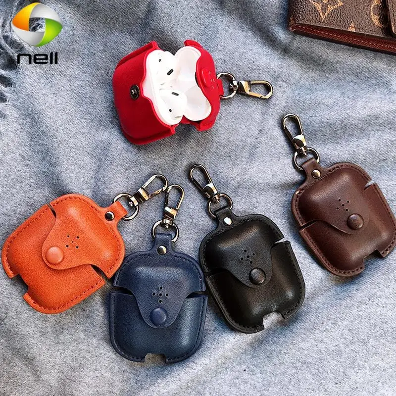 

Leather Airpods Case Apple Airpods Bluetooth Earphone Charging Box Accessories Bag Key Strap with Buttons Headphone Cover shell