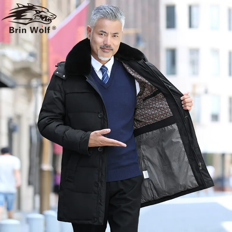 Толстая русская зимняя мужская куртка 90% белый утиный пух с меховым воротником