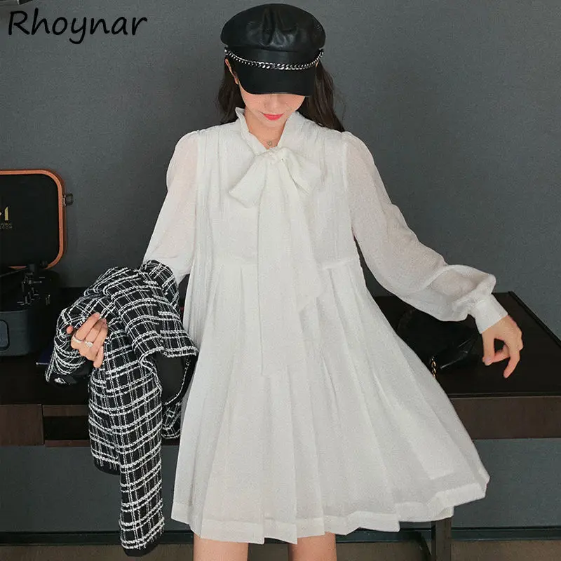

Dresses Women Preppy Style Trendy Bows Design Simple Ins Folds Ulzzang Solid Cozy Elegant Tender Ladies Casual Daily Chiffon New