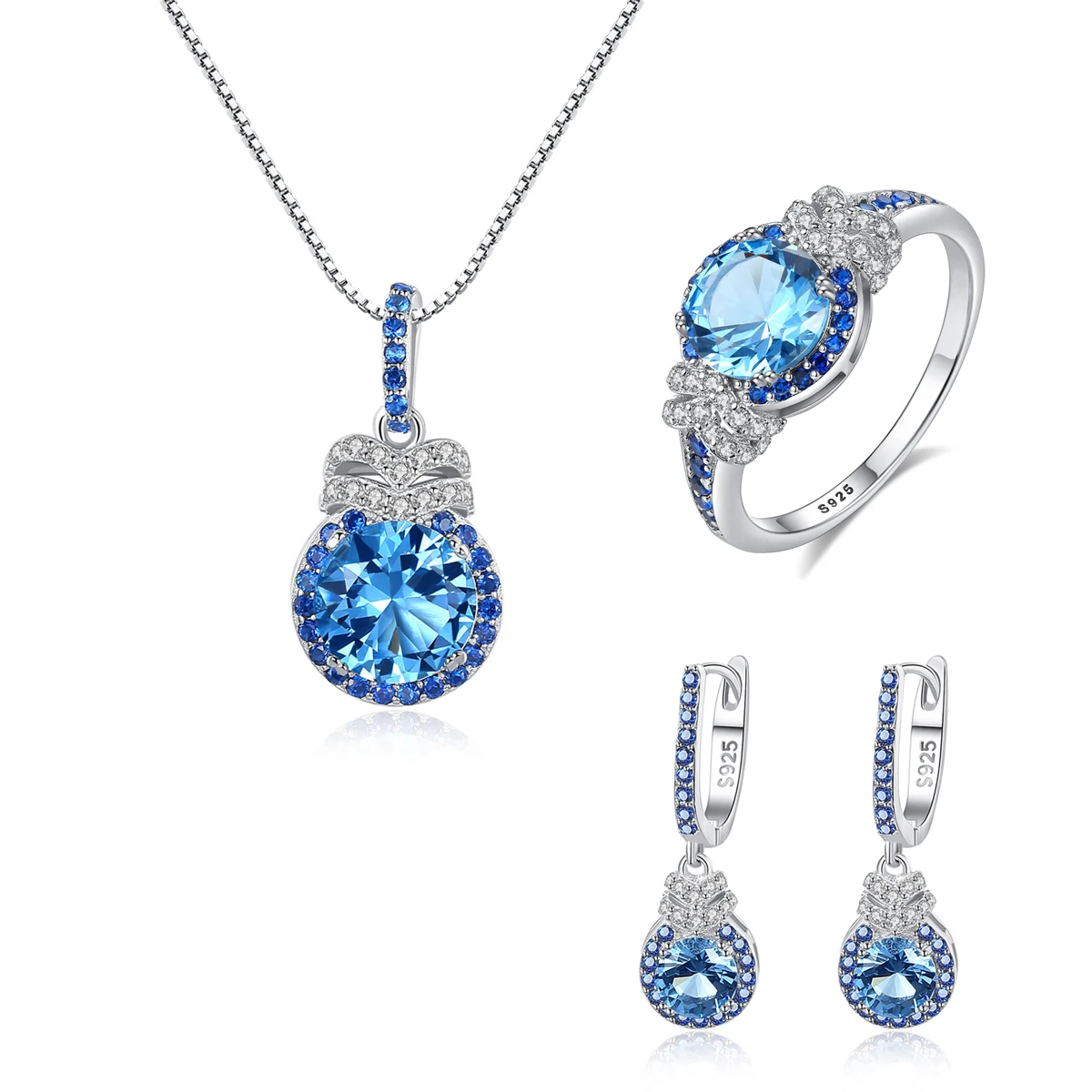 

【MeIbaPJ】Luxury S925 Sterling Silver Sky Blue Zircon Ring Earrings Necklace Set for Women Wedding Jewelry