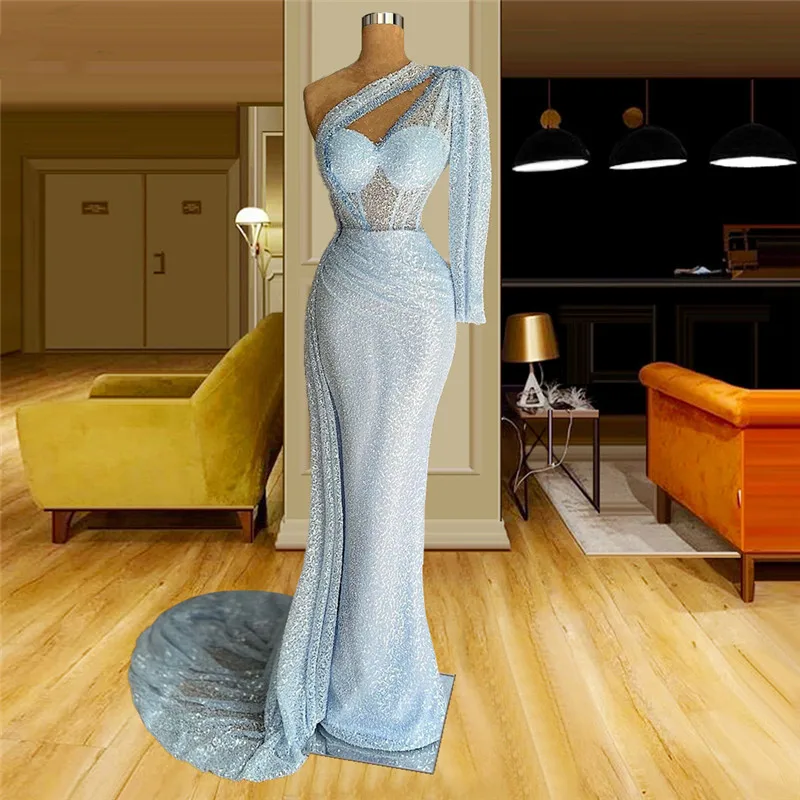 

Light Blue Mermaid Evening Dress Lace Illusion Top Over Skirt Prom Gowns Elegant Vestido De Novia