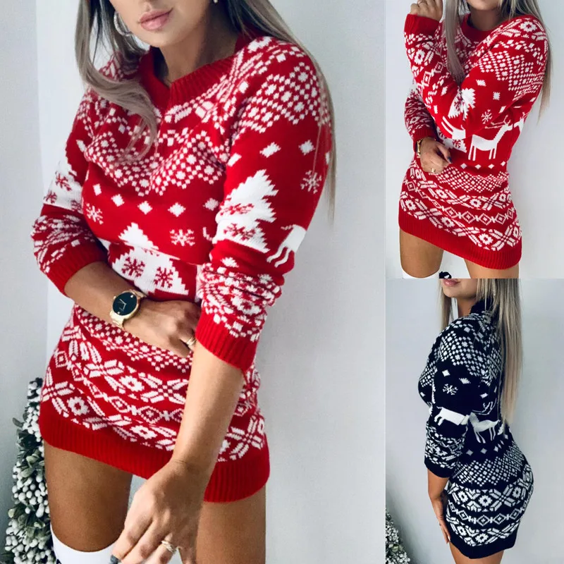 

Christmas Elements Knitted Dress O-neck Full Ladies Mini Dress Classic Fashion Elk Snowflake Christmas Long Sweater Winter New