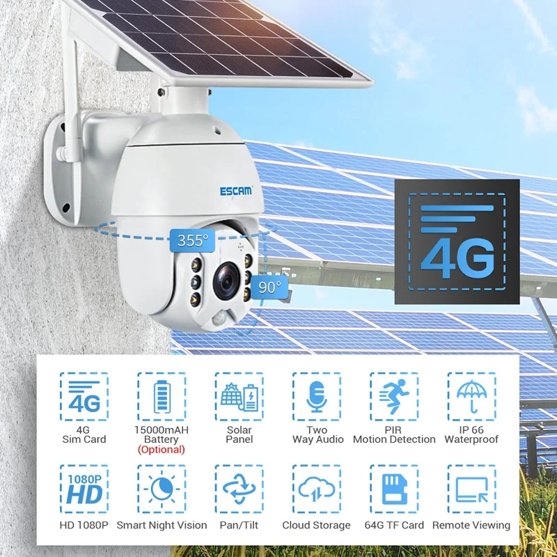 

Escam Qf480 Surveillance Camera, 1080P Outdoor Cloud Storage Ip66 Waterproof 4G Network Camera with Solar Panel (EU Plug)