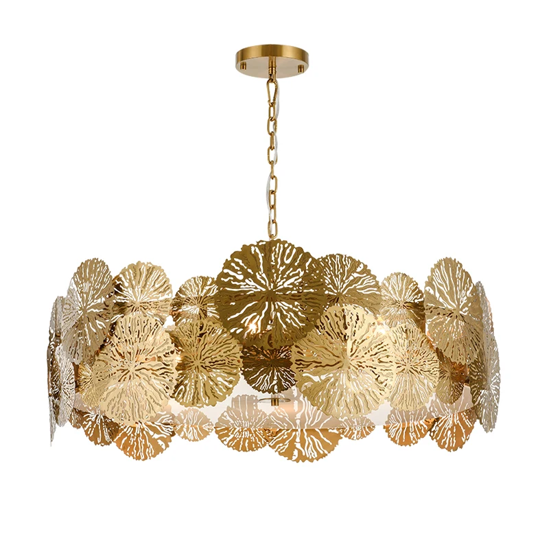 

New Chinese Style Chandelier All Copper Living Room Lamp Creative Lotus Leaf Light Luxury Stainless Steel Bedroom Dining Room