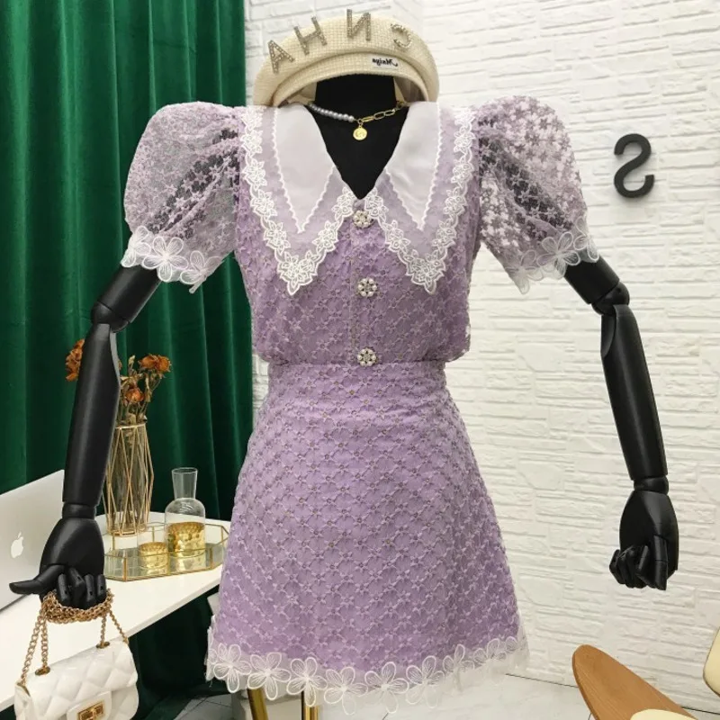 

Two Piece Set Korean Style Elegant Single Breasted Hollow Out Short Sleeve Top And High Waist Bodycon Mini Skirt Ensembles Femme