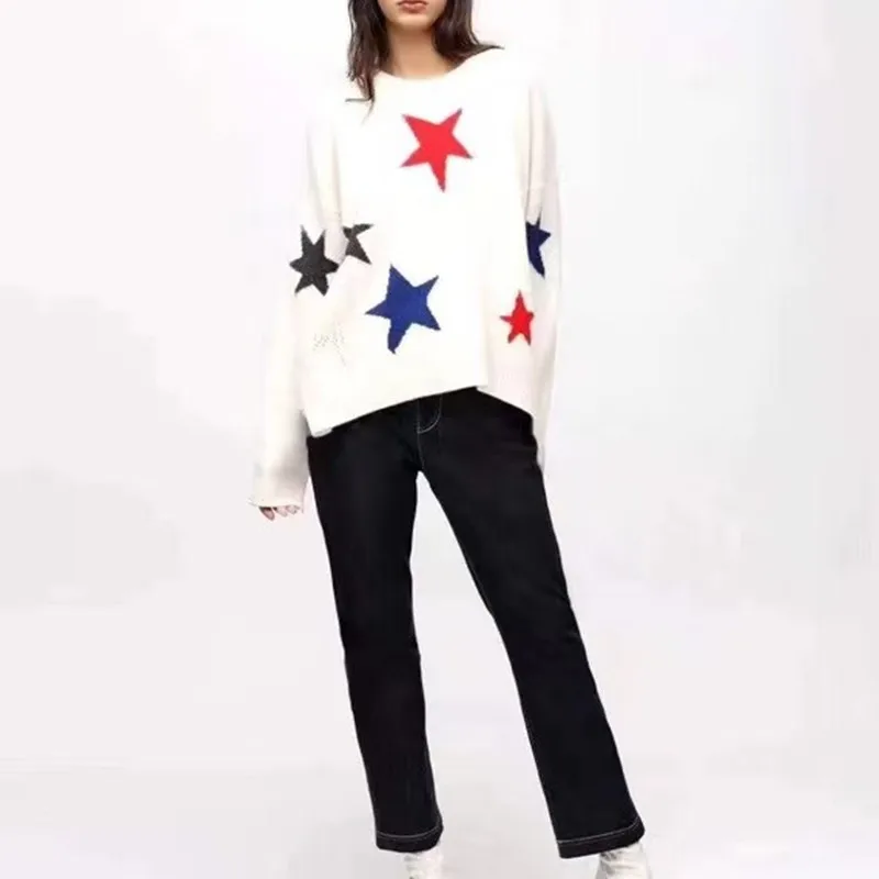 

Women Pullovers Long Sleeve O-Neck Casual Colorful Star Jacquard Wool New 2021 Autumn Winter Ladies Loose Sweater