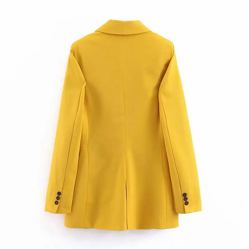 

Double Breasted Long Blazer Woman Formal Work Wear Solid Yellow Suit Jacket Button Pocket Notched Loose Casual Jackets Coats