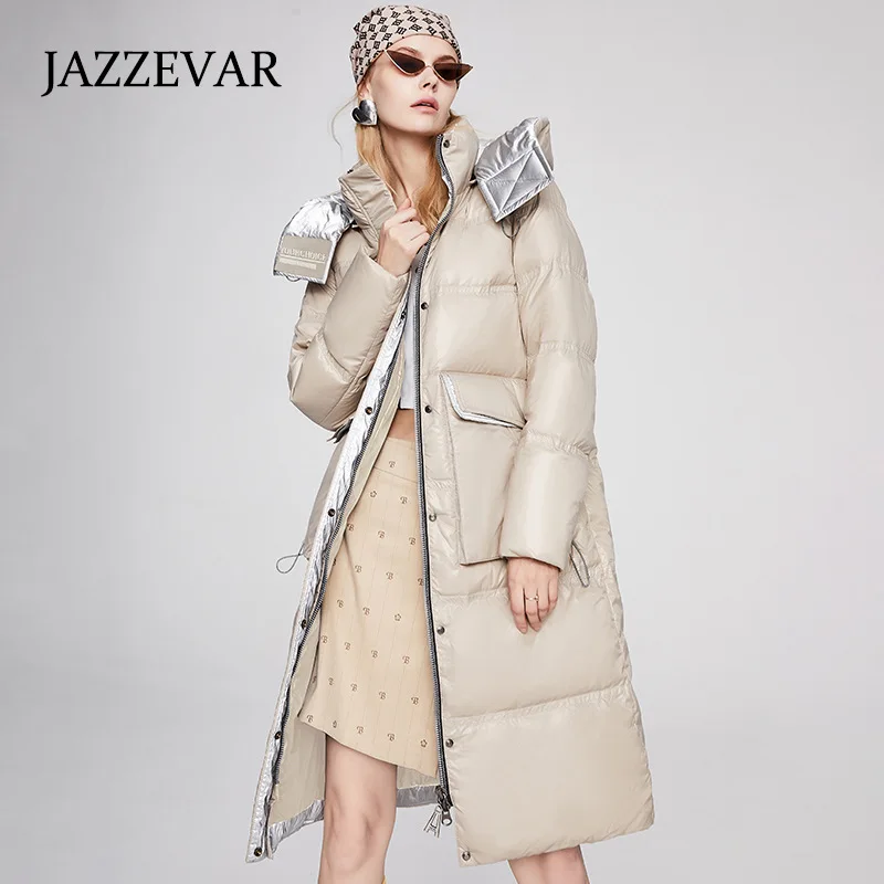 JAZZEVAR Down Jacket Women 2022 Winter New Hooded High-end Big Brand Thick White Duck-down Mid-length Coat
