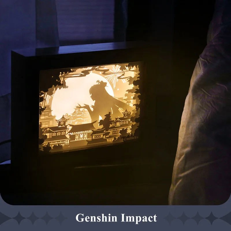 

Game Genshin Impact Ningguang Led Paper Carving Lamp Official Product Night Lights Figurine Toy Qunyu Pavilion Covering The Moon