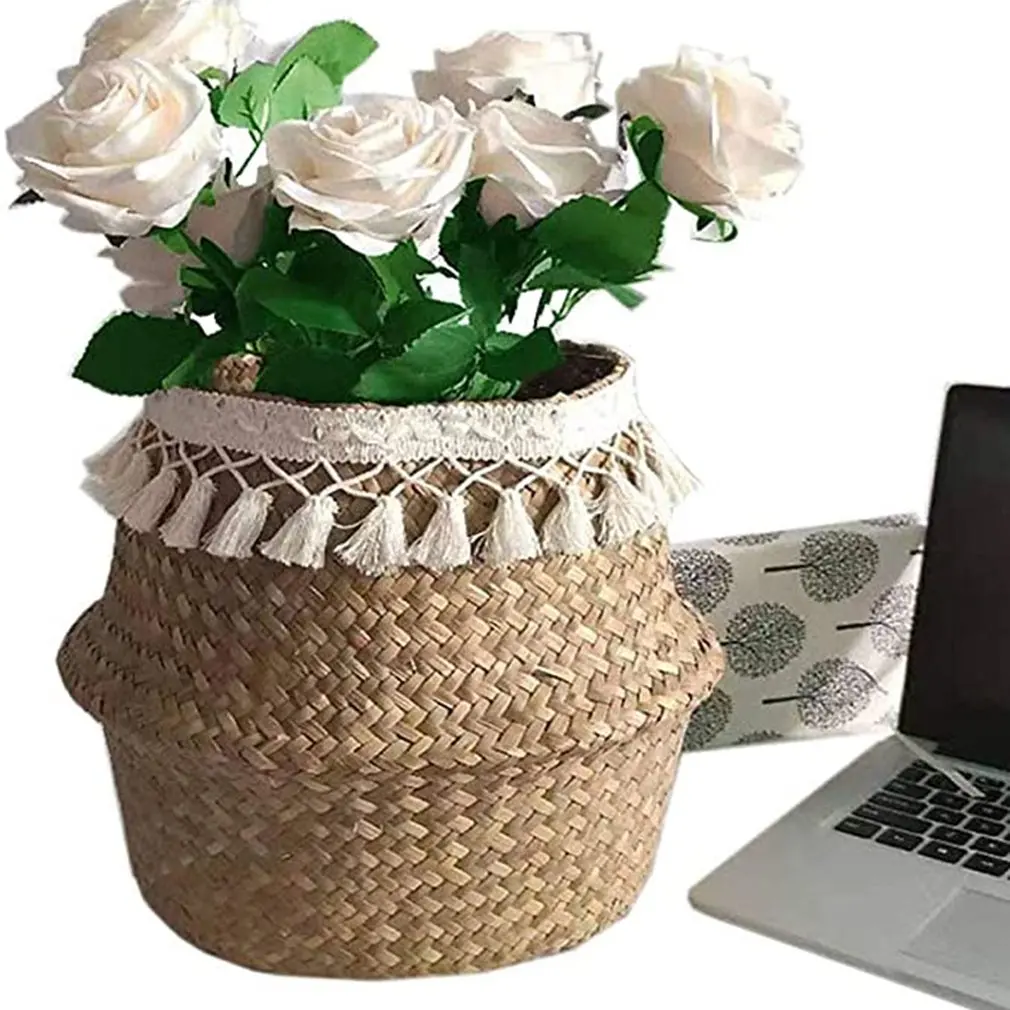 

Flower Basket Fringed Hand-woven Seagrass Basket Creative Household Items Folding Beautiful Straw Flower Basket