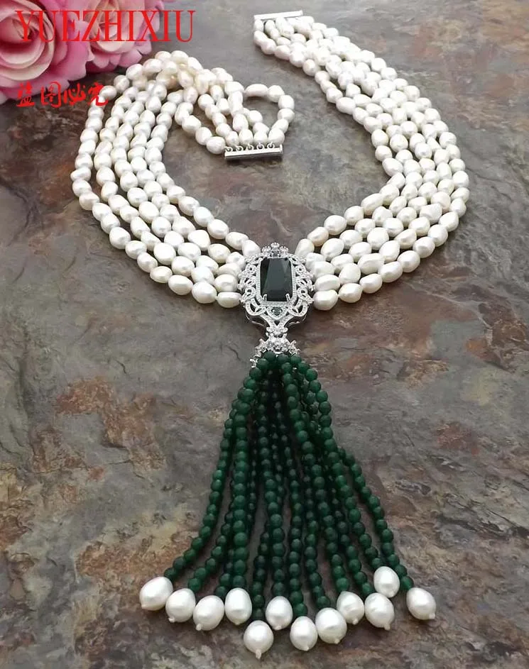 fine 5Strands White Baroque Pearl Necklace Pendant inlay zircon Green Jade tassel flower accessories necklace