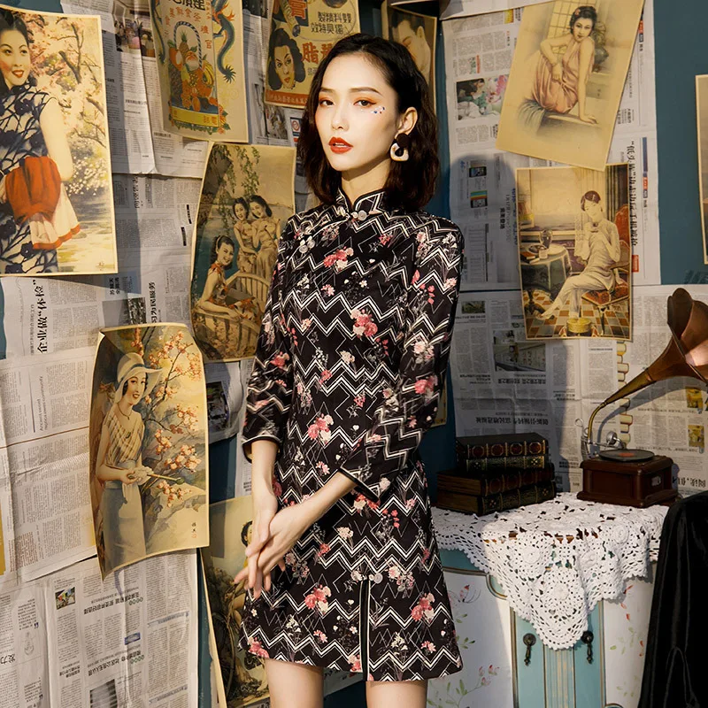 Sheng Coco мини сексуальное Полосатое платье Qipao с длинными рукавами Черное Чонсам с принтом из бархата с защитой для женщин новинка дизайн Китай Qi