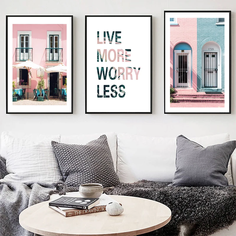 Городской пейзаж стены художественный принт дом скандинавский постер розовая