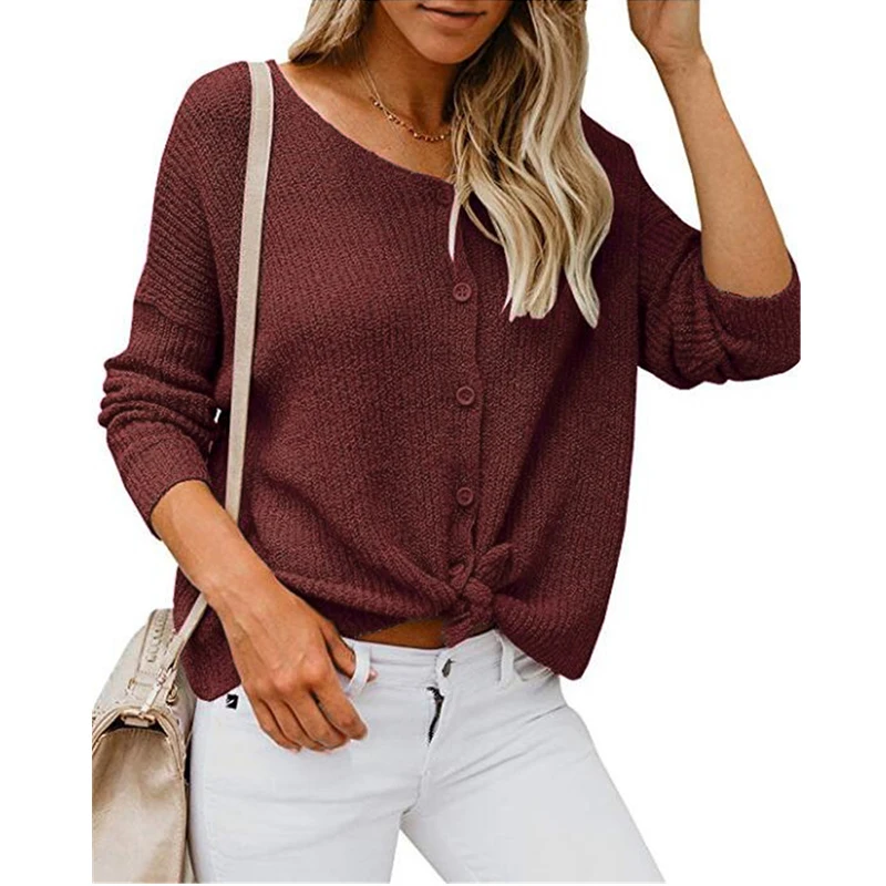 

2021 autumn and winter knitted long sleeve V-neck buckle knotted cardigan loose sweater shirt woman chemise femme топ tops