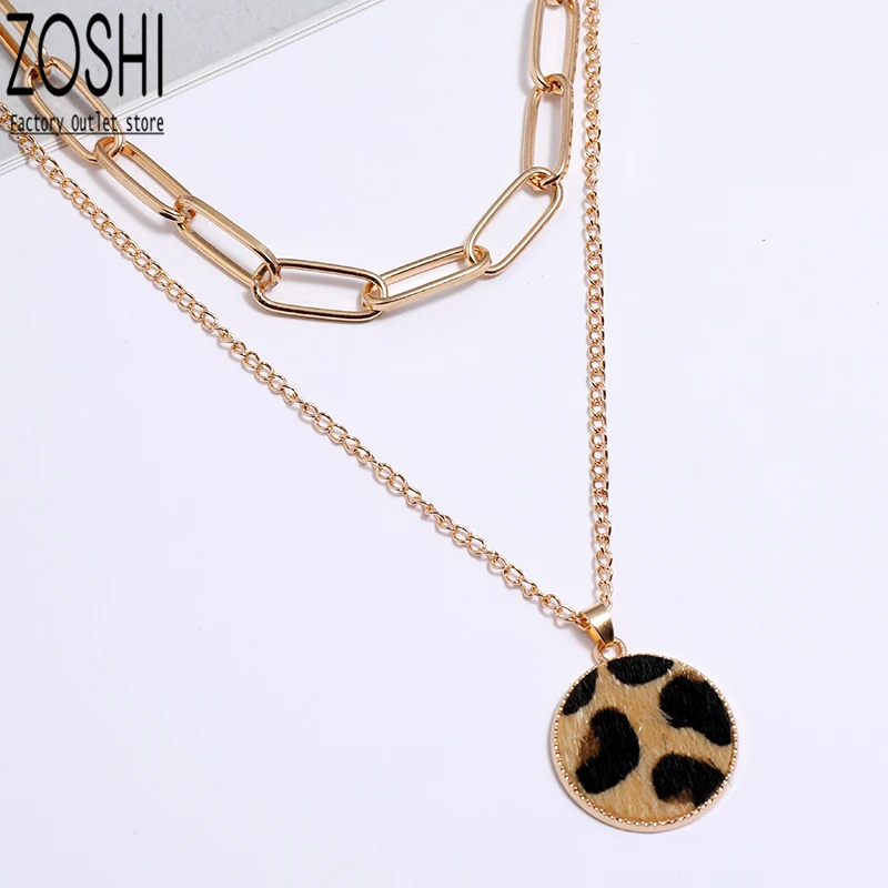 Золото Цвет шкура леопарда печати круглый кулон широкая сеть многослойное