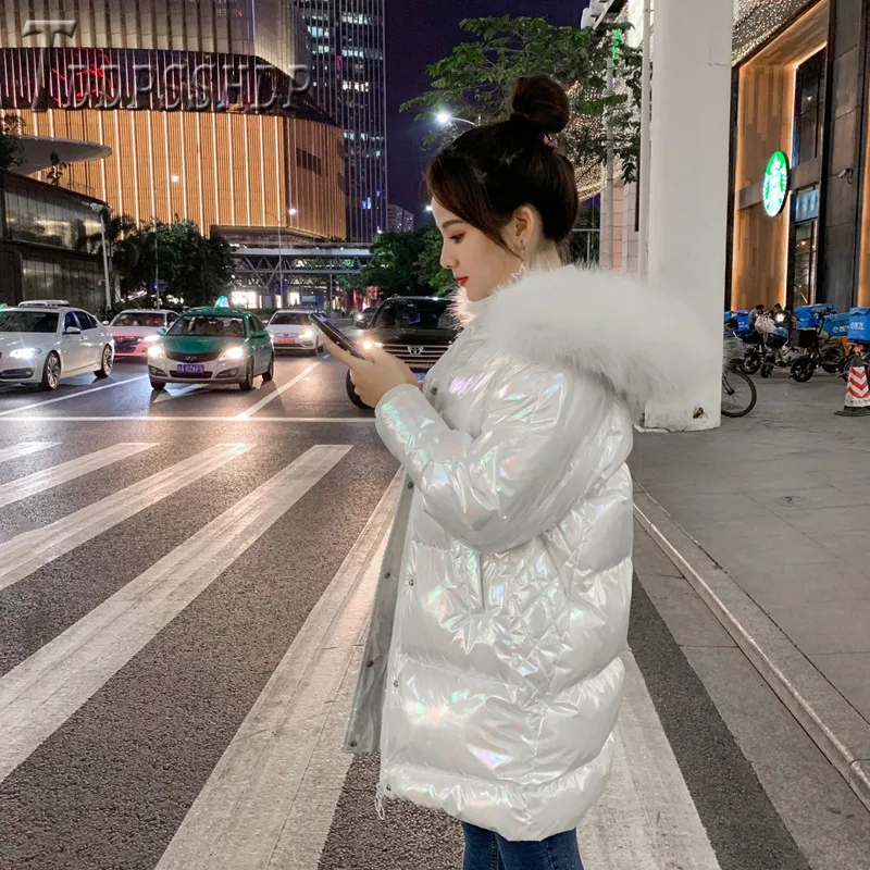 2019 популярные милые глянцевые женские парки с пушистым воротником зимнее теплое