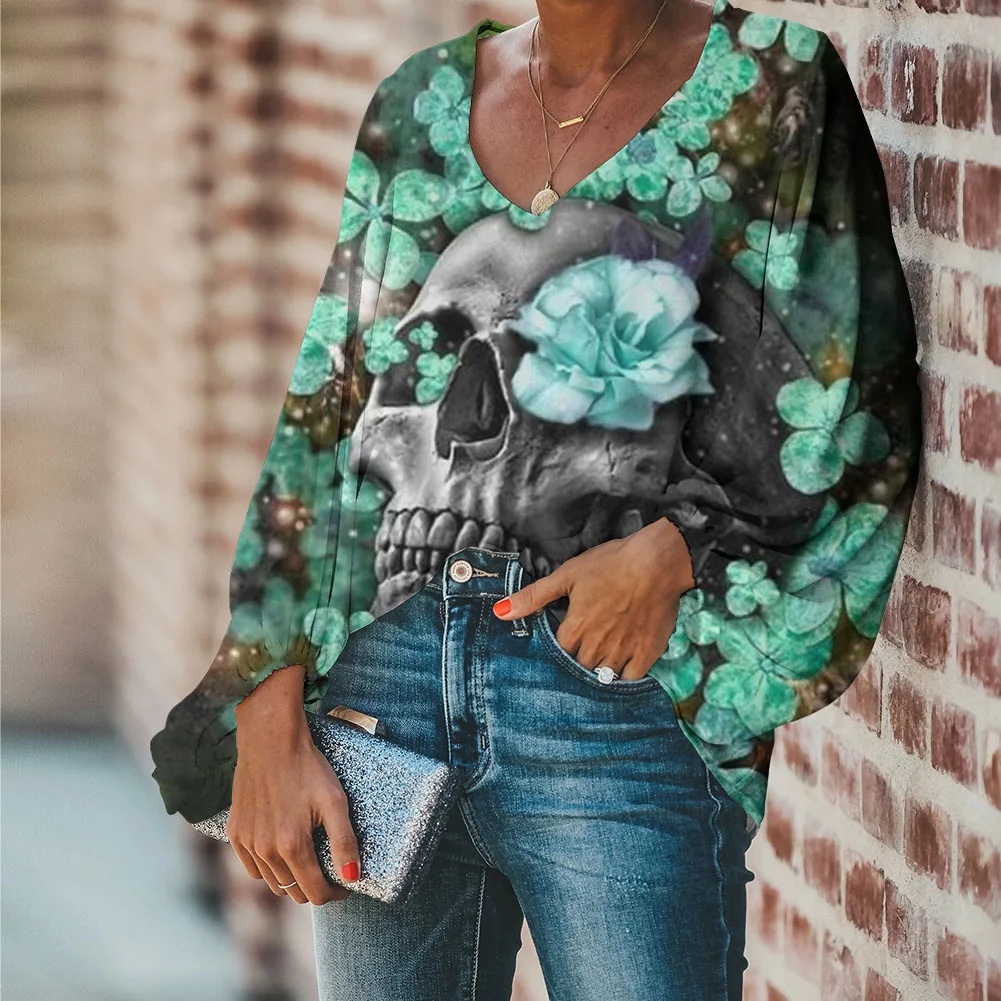

Skull with Flower Print Women Stylish Chiffon Clothing Summer Long Lantern Sleeve V-neck Sexy Party Blusas Femininas Girls