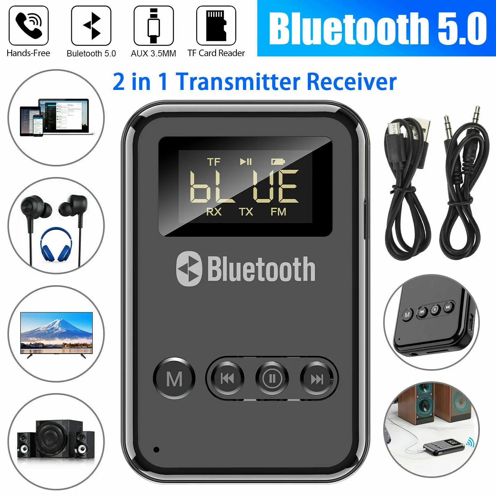 

2 в 1 3,5 мм аудио Aux USB Bluetooth 5,0 передатчик приемник беспроводной автомобильный адаптер с визуальным дисплеем диапазон 10 м